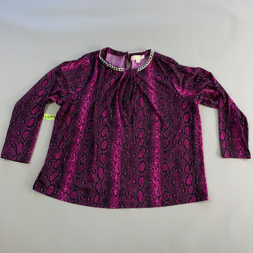 Michael Kors Womens 2X Purple Snakeskin Chain Neck Blouse Animal Print Top